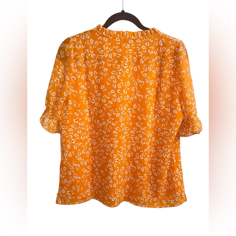 New J.Crew Factory Women's Ruffle Tie-Neck Top  Orange & White Floral - Medium - Picture 2 of 10
